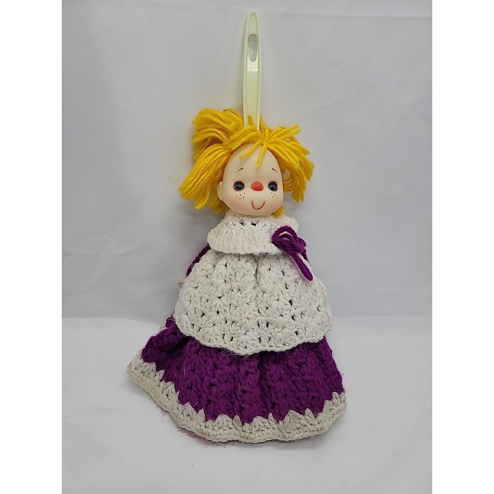 Doll Handmade Crochet Duster Cover Purple Yarn Soft Face 14" Cottage Core